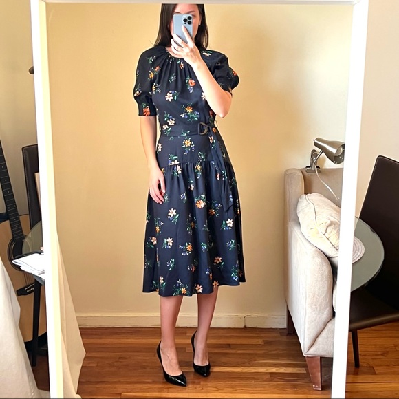 NWOT Shoshanna floral navy blue belted midi dress size 4 C1 - Picture 1 of 5